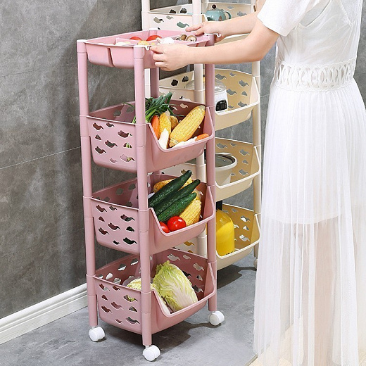Купить Пластиковая этажерка на колёсиках для хранения овощей, 3 корзины, розовый