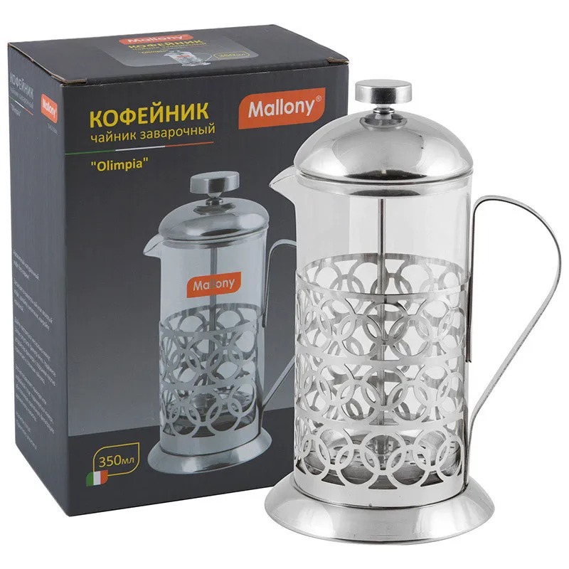 фото Mallony чайник/кофейник (кофе-пресс), olimpia, t046-350ml, из жаропрочного стекла, 350 мл, в корп из нерж ст 950100