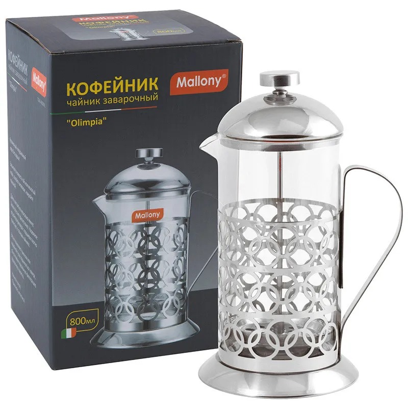 фото Mallony чайник/кофейник (кофе-пресс), olimpia, t046-800ml, из жаропрочного стекла, 800 мл, в корп из нерж ст 950092