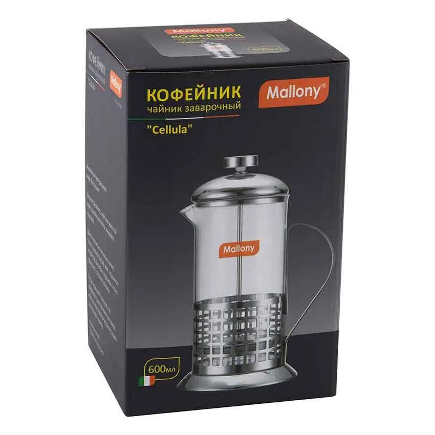 фото Mallony чайник/кофейник (кофе-пресс), cellula, b511-600ml, из жаропрочного стекла, 600 мл, в корп из нерж ст 950138