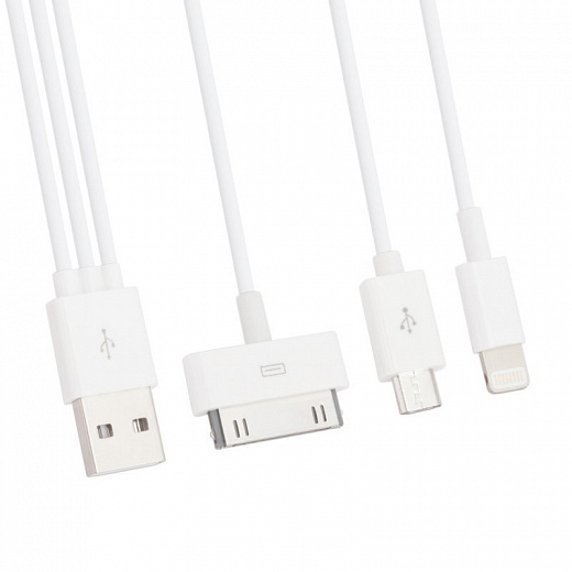 Купить USB кабель «LP» 4 в 1 для Apple 30 pin/Apple Lightning/Micro USB/Samsung Tab (белый/длина 15 см)